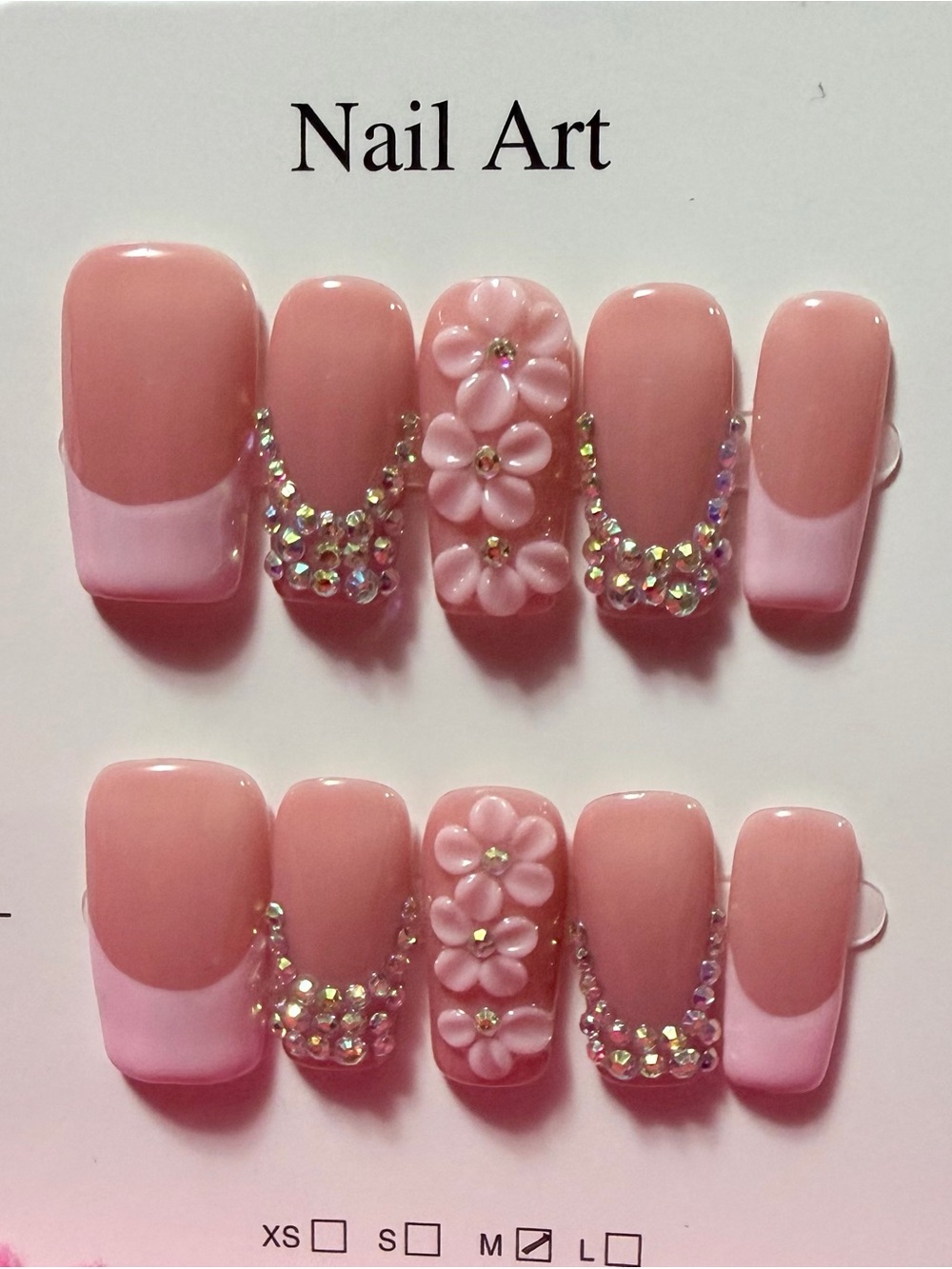 Nail Art Pink Floral Rhinestone Press-On Nail Set